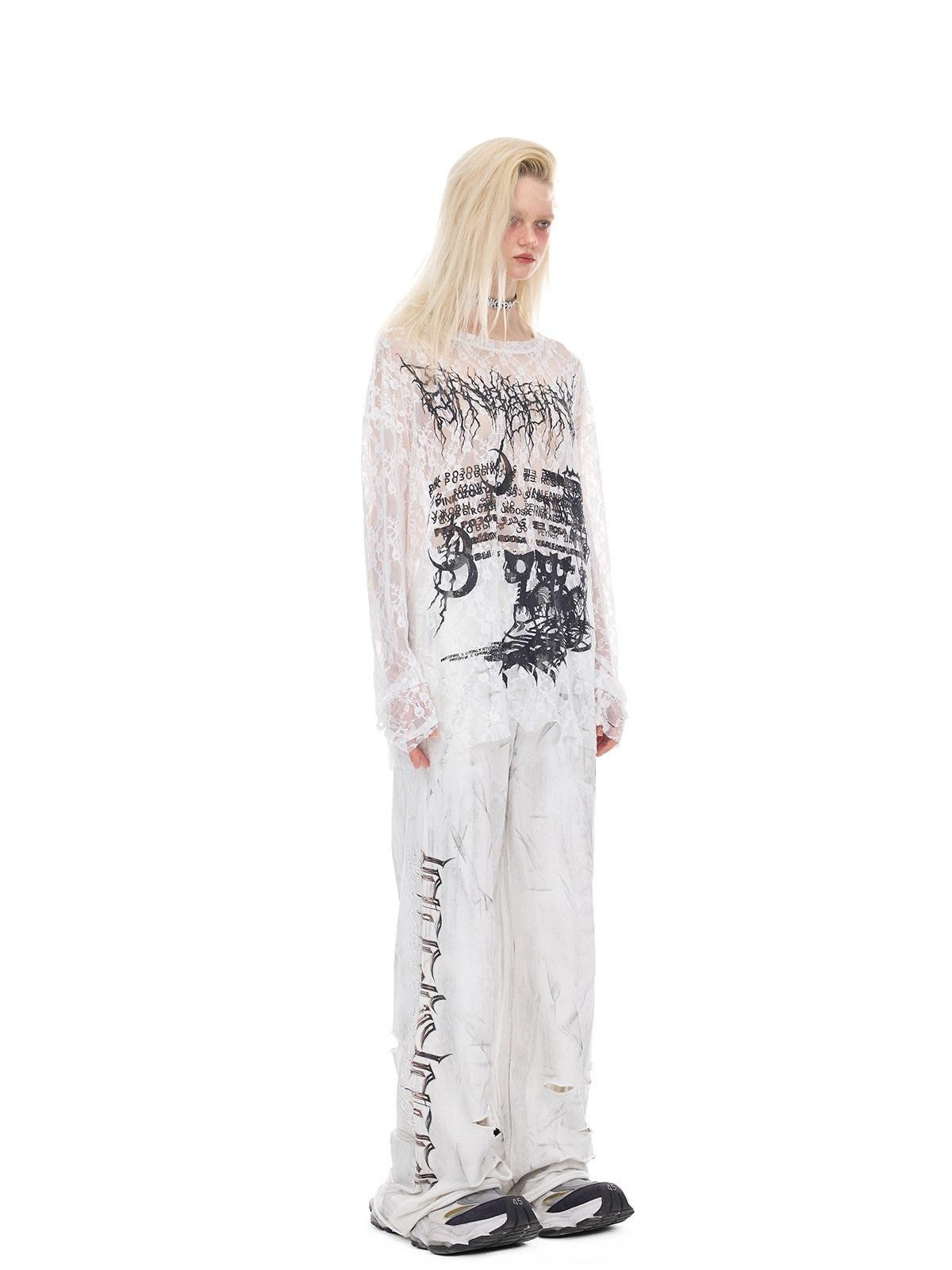 PINKSPINK Thorn Cat Print Distressed Lace Loose Women's Cotton Long Sleeve T-shirts