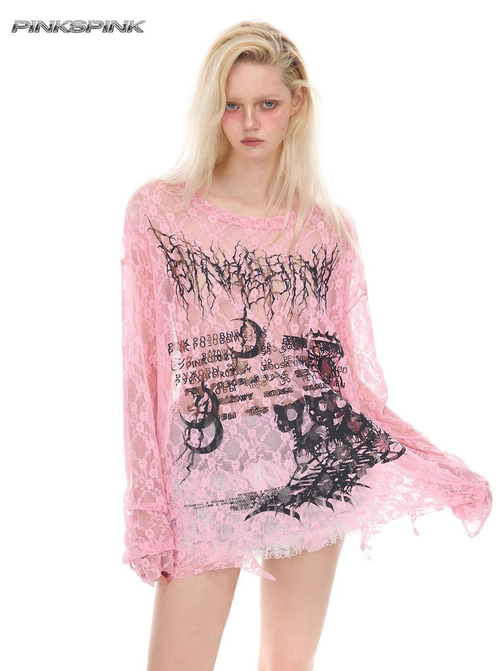 PINKSPINK Thorn Cat Print Distressed Lace Loose Women's Cotton Long Sleeve T-shirts