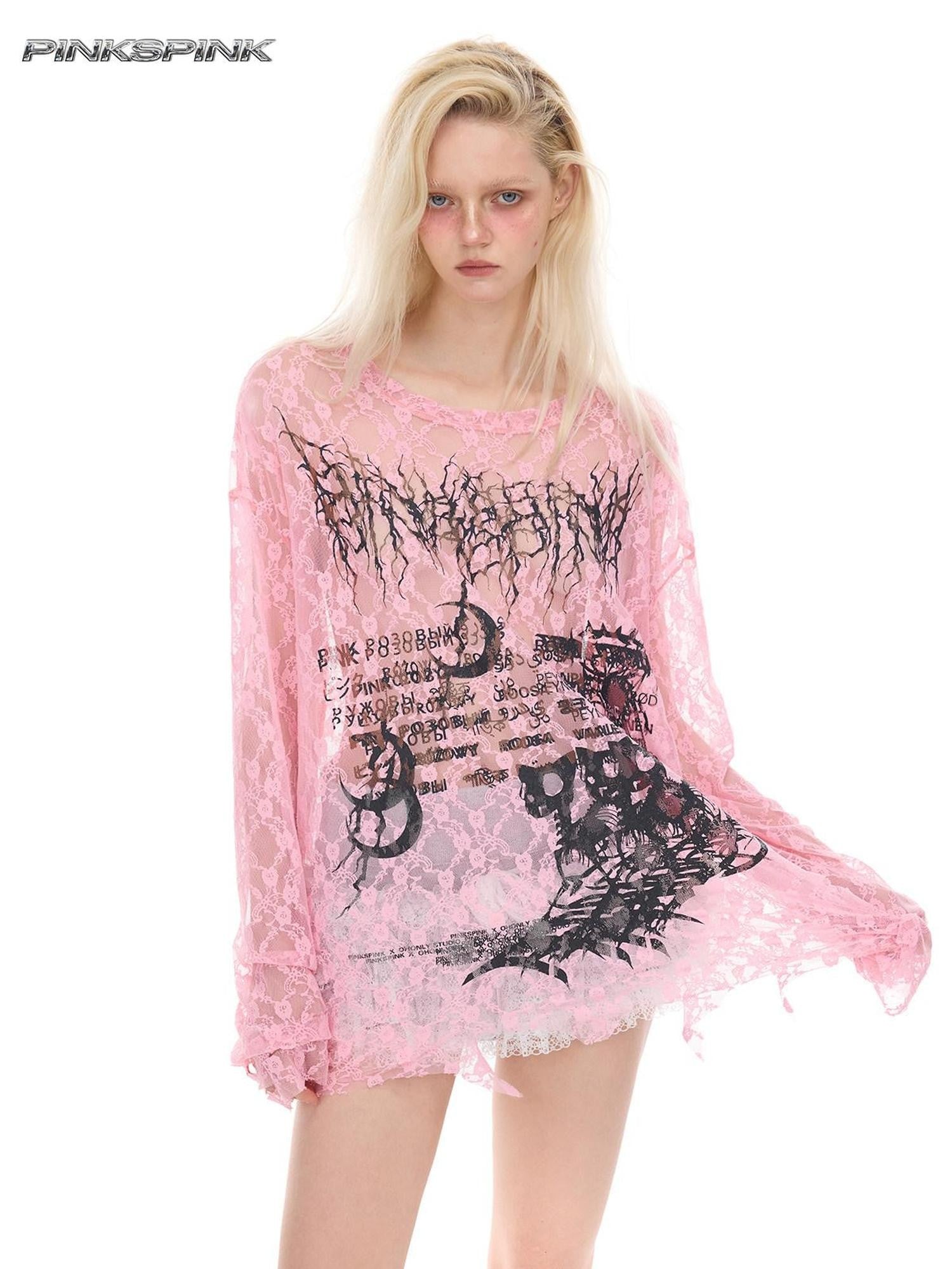 PINKSPINK Thorn Cat Print Distressed Lace Loose Women's Cotton Long Sleeve T-shirts