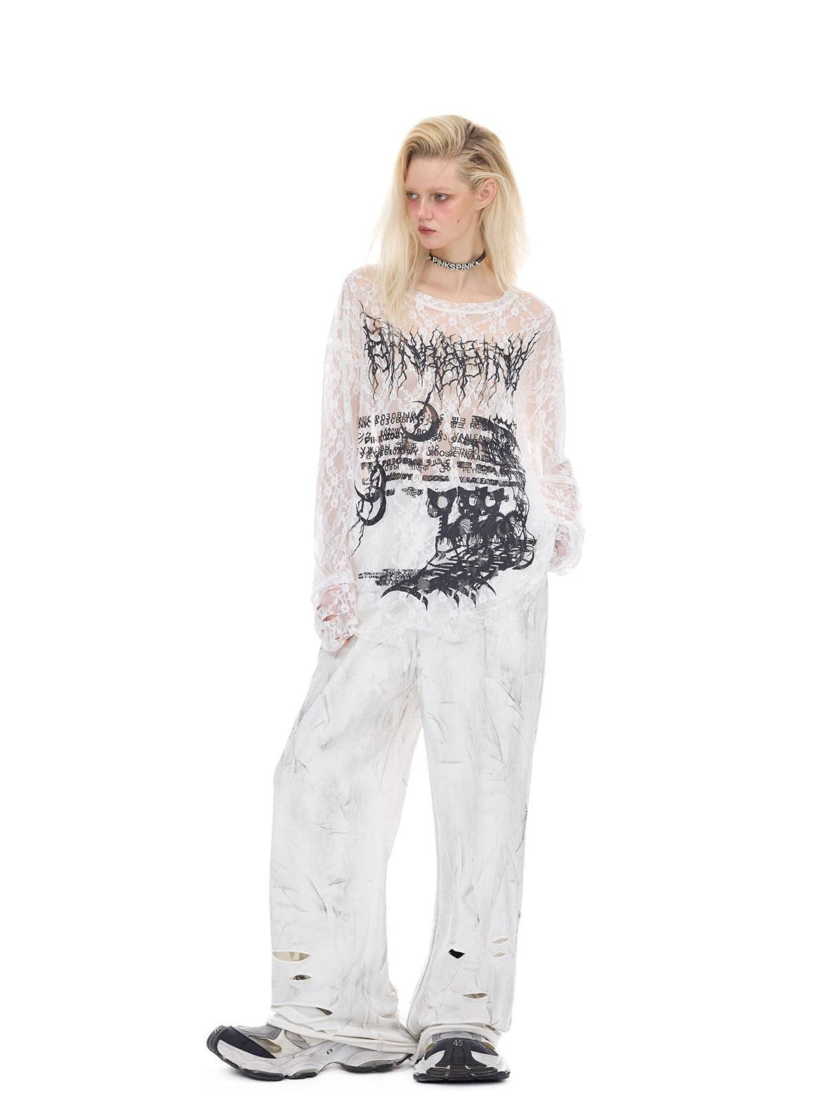 PINKSPINK Thorn Cat Print Distressed Lace Loose Women's Cotton Long Sleeve T-shirts
