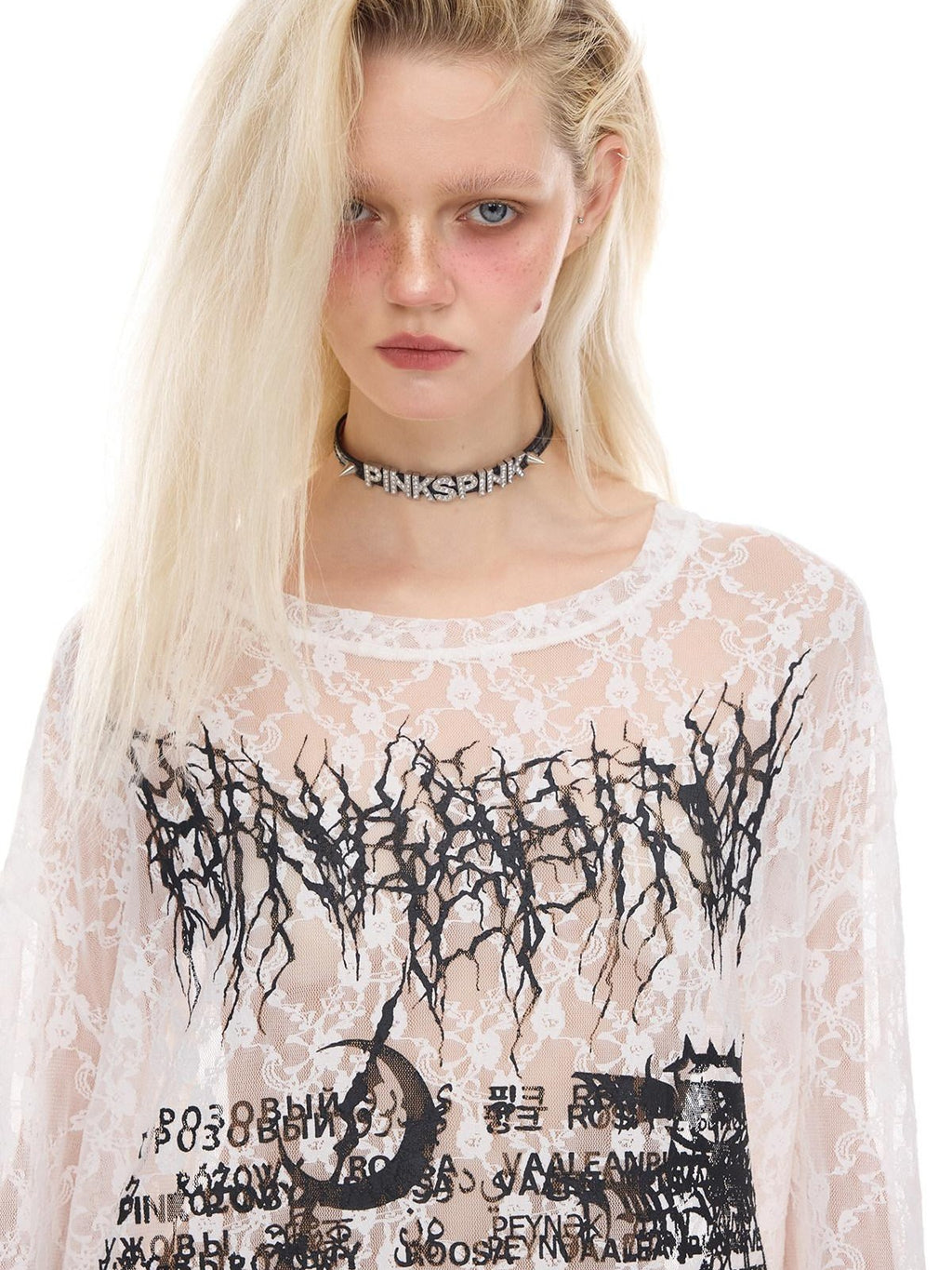 PINKSPINK Thorn Cat Print Distressed Lace Loose Women's Cotton Long Sleeve T-shirts