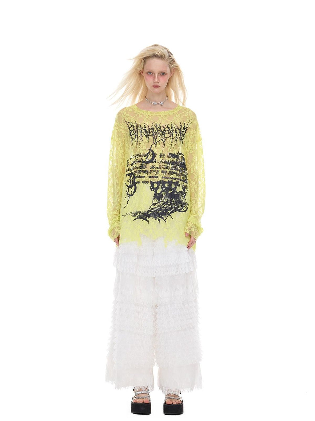 PINKSPINK Thorn Cat Print Distressed Lace Loose Women's Cotton Long Sleeve T-shirts