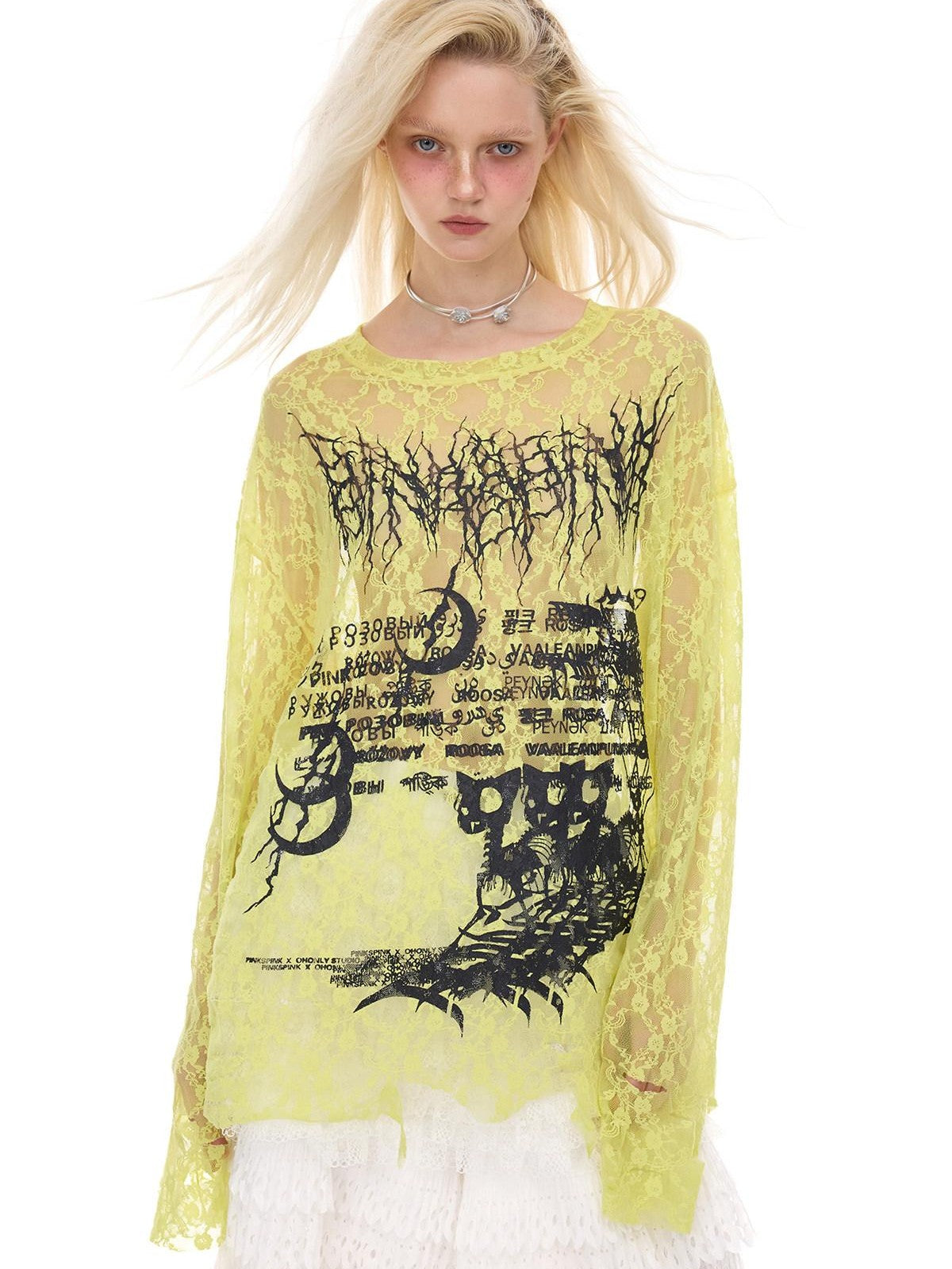 PINKSPINK Thorn Cat Print Distressed Lace Loose Women's Cotton Long Sleeve T-shirts