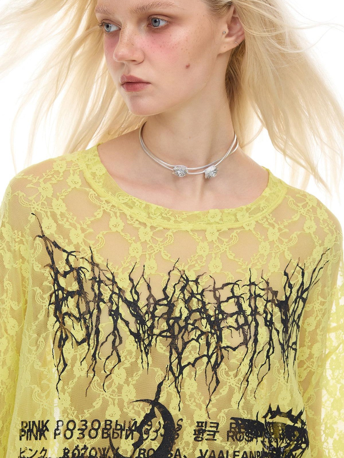 PINKSPINK Thorn Cat Print Distressed Lace Loose Women's Cotton Long Sleeve T-shirts