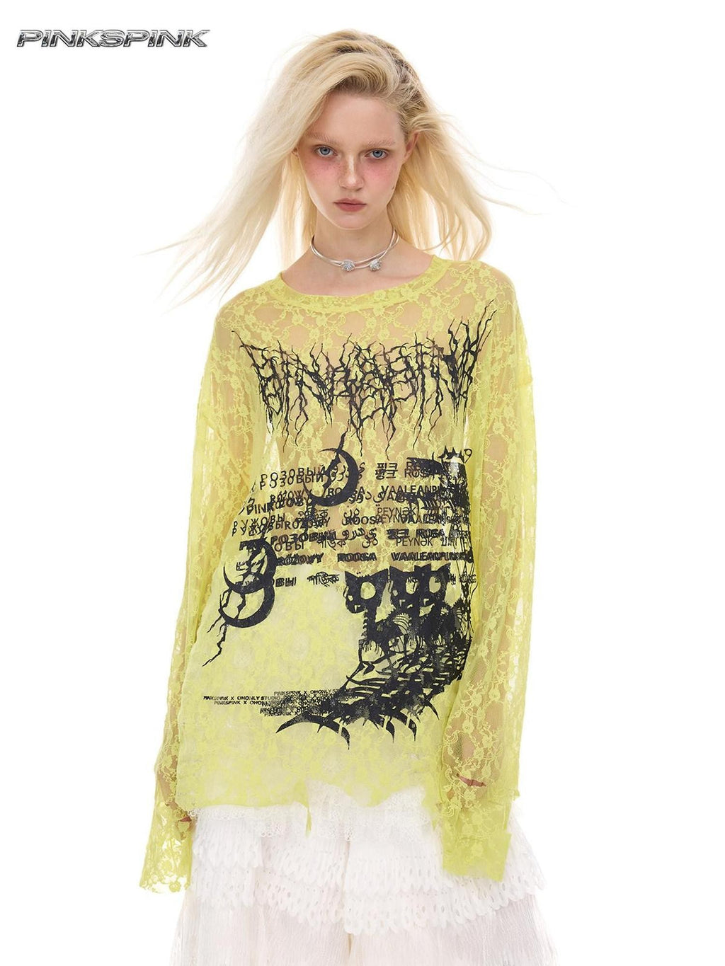 PINKSPINK Thorn Cat Print Distressed Lace Loose Women's Cotton Long Sleeve T-shirts