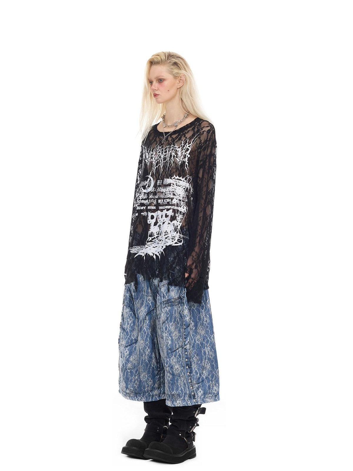 PINKSPINK Thorn Cat Print Distressed Lace Loose Women's Cotton Long Sleeve T-shirts