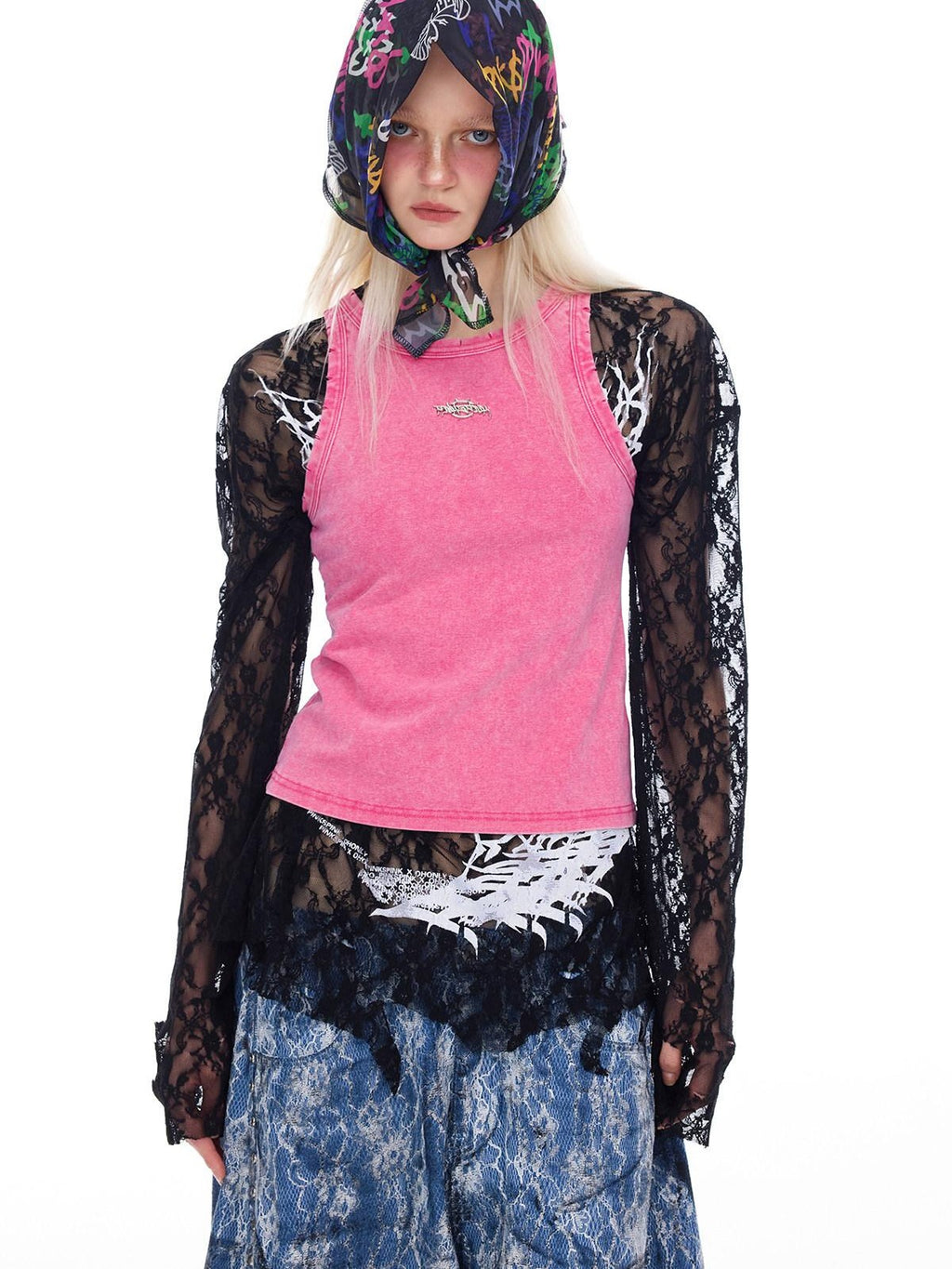 PINKSPINK Thorn Cat Print Distressed Lace Loose Women's Cotton Long Sleeve T-shirts