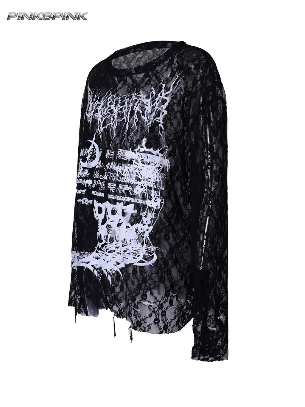 PINKSPINK Thorn Cat Print Distressed Lace Loose Women's Cotton Long Sleeve T-shirts