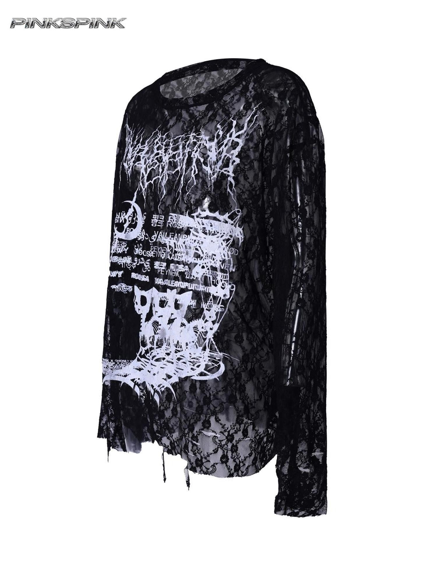 PINKSPINK Thorn Cat Print Distressed Lace Loose Women's Cotton Long Sleeve T-shirts