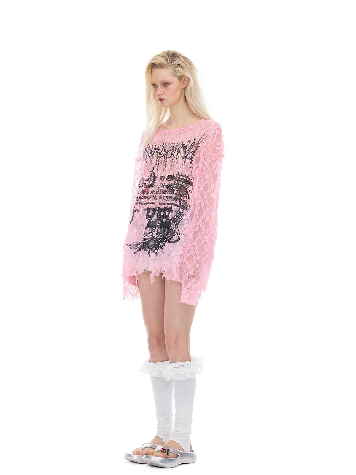 PINKSPINK Thorn Cat Print Distressed Lace Loose Women's Cotton Long Sleeve T-shirts