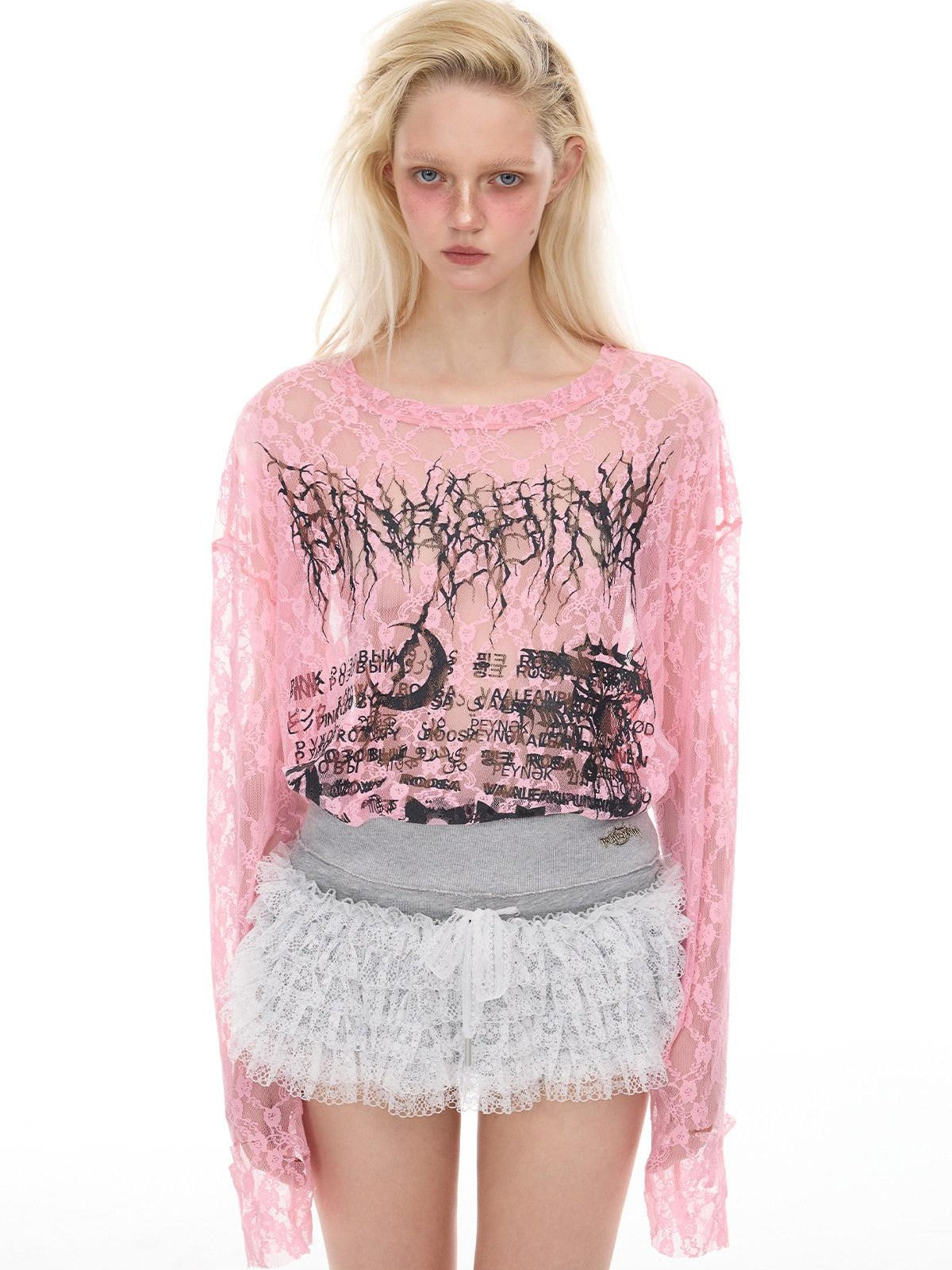 PINKSPINK Thorn Cat Print Distressed Lace Loose Women's Cotton Long Sleeve T-shirts
