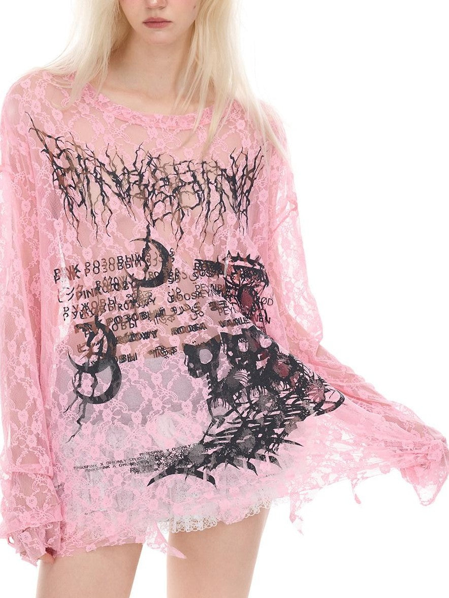 PINKSPINK Thorn Cat Print Lace Distressed Oversized Women's Cotton Long Sleeve T-shirts