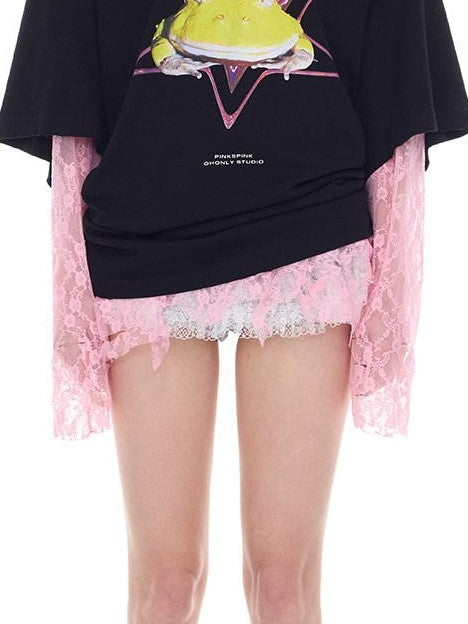 PINKSPINK Thorn Cat Print Lace Distressed Oversized Women's Cotton Long Sleeve T-shirts