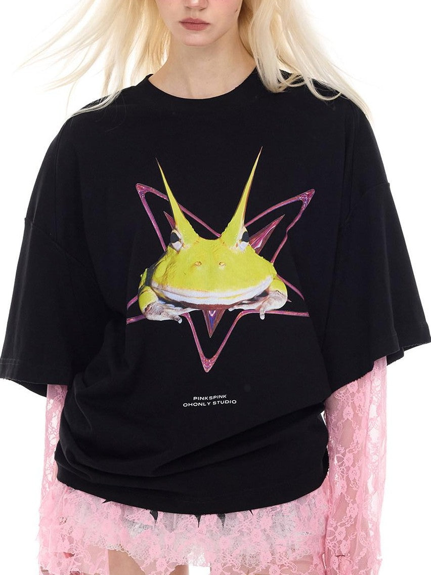 PINKSPINK Thorn Cat Print Lace Distressed Oversized Women's Cotton Long Sleeve T-shirts