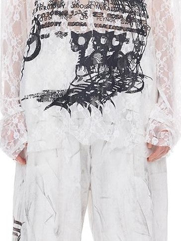 PINKSPINK Thorn Cat Print Lace Distressed Oversized Women's Cotton Long Sleeve T-shirts