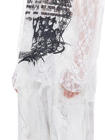 PINKSPINK Thorn Cat Print Lace Distressed Oversized Women's Cotton Long Sleeve T-shirts