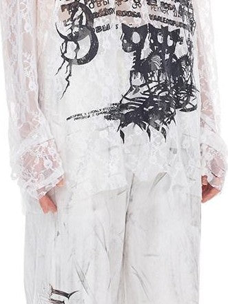PINKSPINK Thorn Cat Print Lace Distressed Oversized Women's Cotton Long Sleeve T-shirts