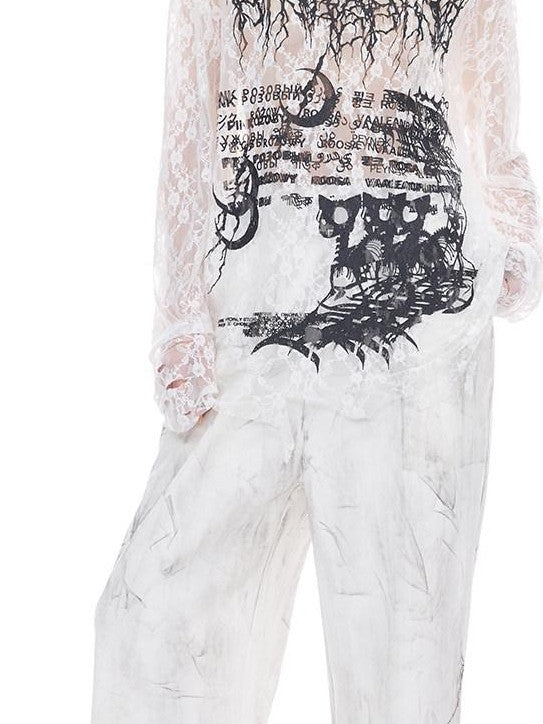 PINKSPINK Thorn Cat Print Lace Distressed Oversized Women's Cotton Long Sleeve T-shirts