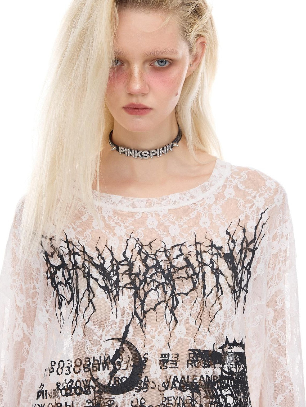 PINKSPINK Thorn Cat Print Lace Distressed Oversized Women's Cotton Long Sleeve T-shirts