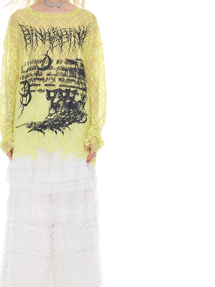 PINKSPINK Thorn Cat Print Lace Distressed Oversized Women's Cotton Long Sleeve T-shirts