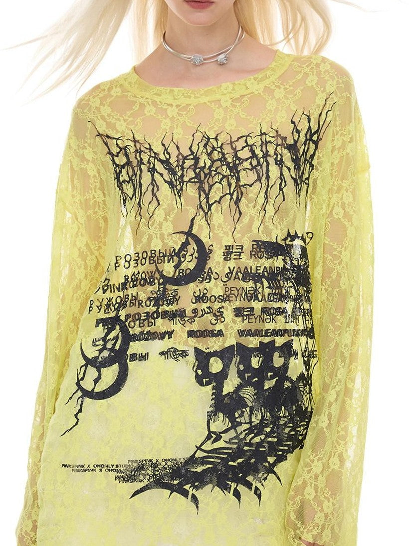 PINKSPINK Thorn Cat Print Lace Distressed Oversized Women's Cotton Long Sleeve T-shirts