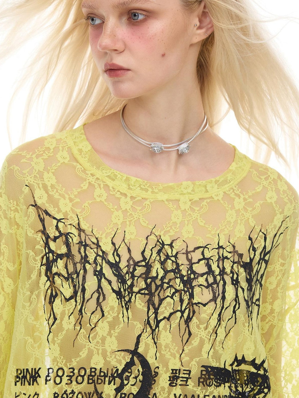 PINKSPINK Thorn Cat Print Lace Distressed Oversized Women's Cotton Long Sleeve T-shirts