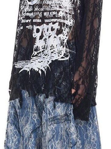 PINKSPINK Thorn Cat Print Lace Distressed Oversized Women's Cotton Long Sleeve T-shirts