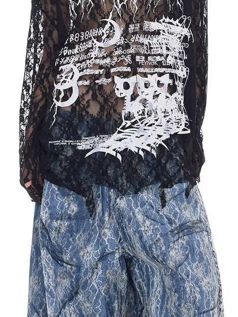 PINKSPINK Thorn Cat Print Lace Distressed Oversized Women's Cotton Long Sleeve T-shirts