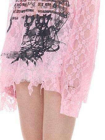 PINKSPINK Thorn Cat Print Lace Distressed Oversized Women's Cotton Long Sleeve T-shirts