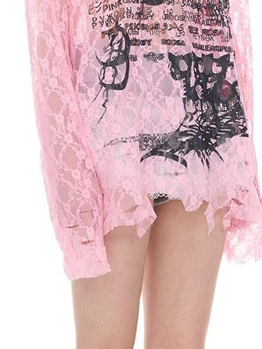 PINKSPINK Thorn Cat Print Lace Distressed Oversized Women's Cotton Long Sleeve T-shirts