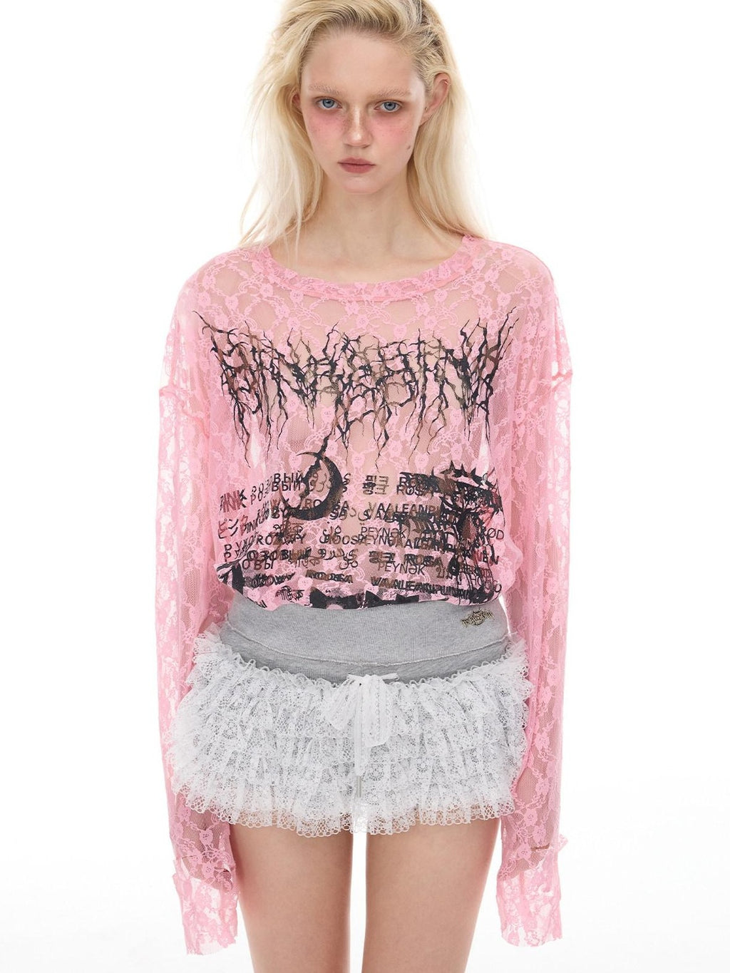 PINKSPINK Thorn Cat Print Lace Distressed Oversized Women's Cotton Long Sleeve T-shirts