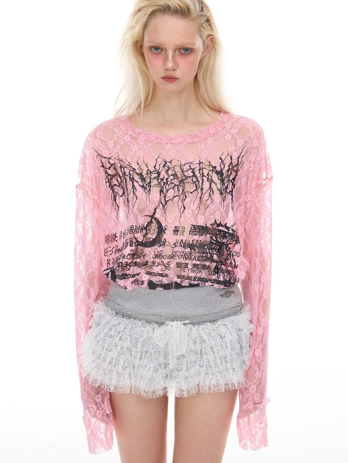 PINKSPINK Thorn Cat Print Lace Distressed Oversized Women's Cotton Long Sleeve T-shirts