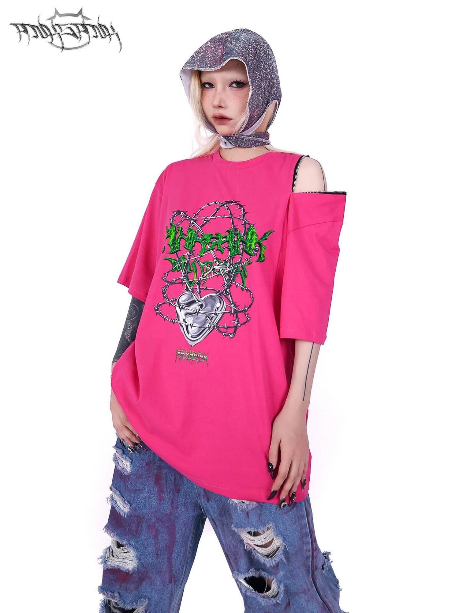 PINKSPINK Thorn Heart Zipper Punk Loose Print Vine Women's Cotton Off-shoulder T-shirts