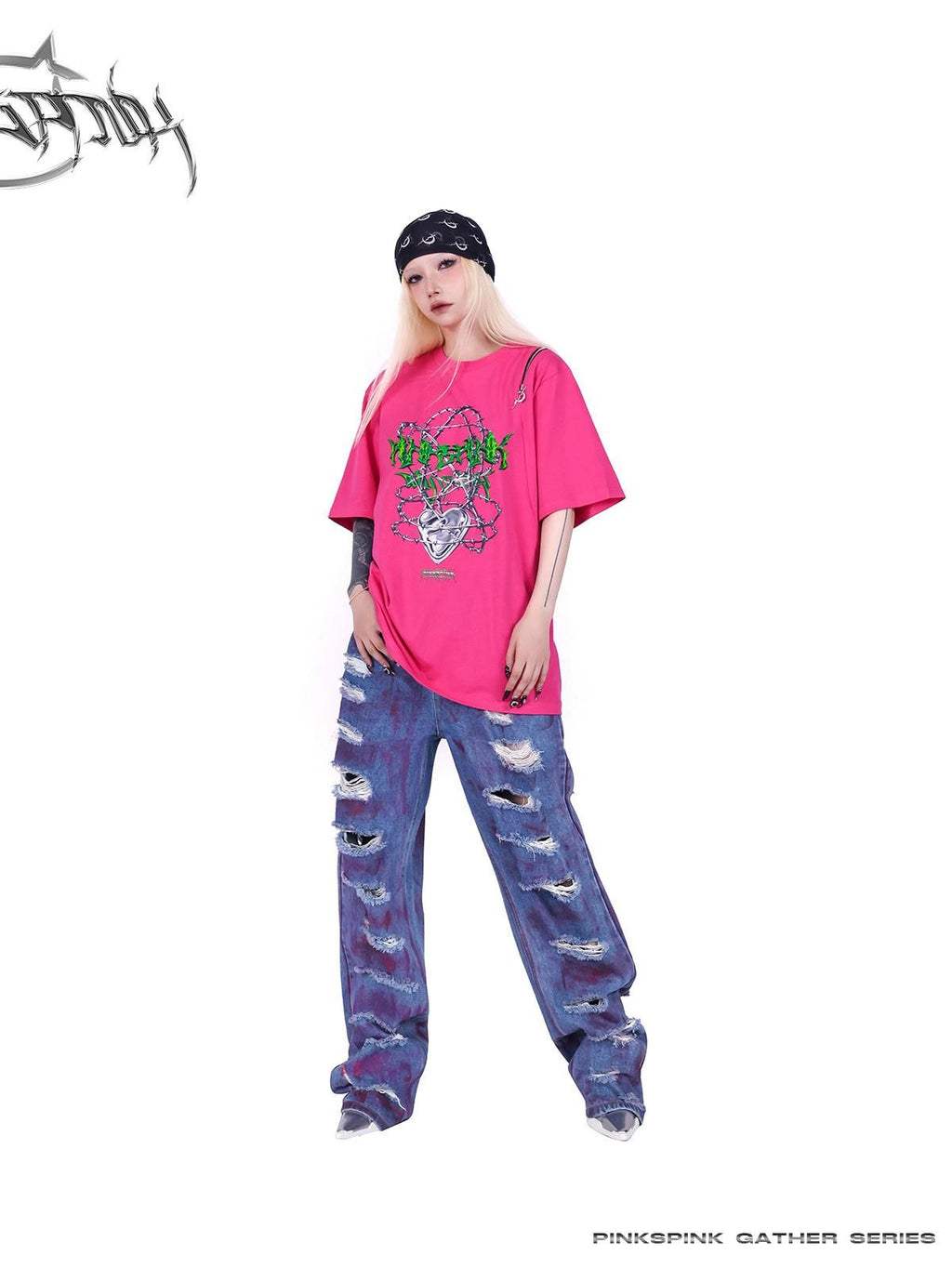PINKSPINK Thorn Heart Zipper Punk Loose Print Vine Women's Cotton Off-shoulder T-shirts