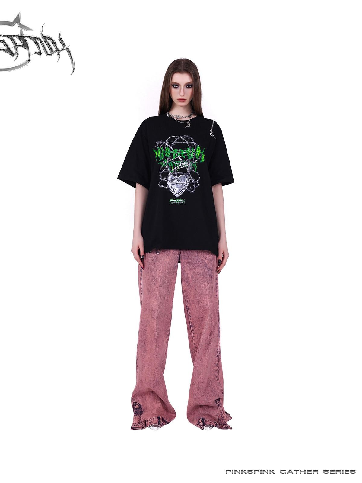 PINKSPINK Thorn Heart Zipper Punk Loose Print Vine Women's Cotton Off-shoulder T-shirts