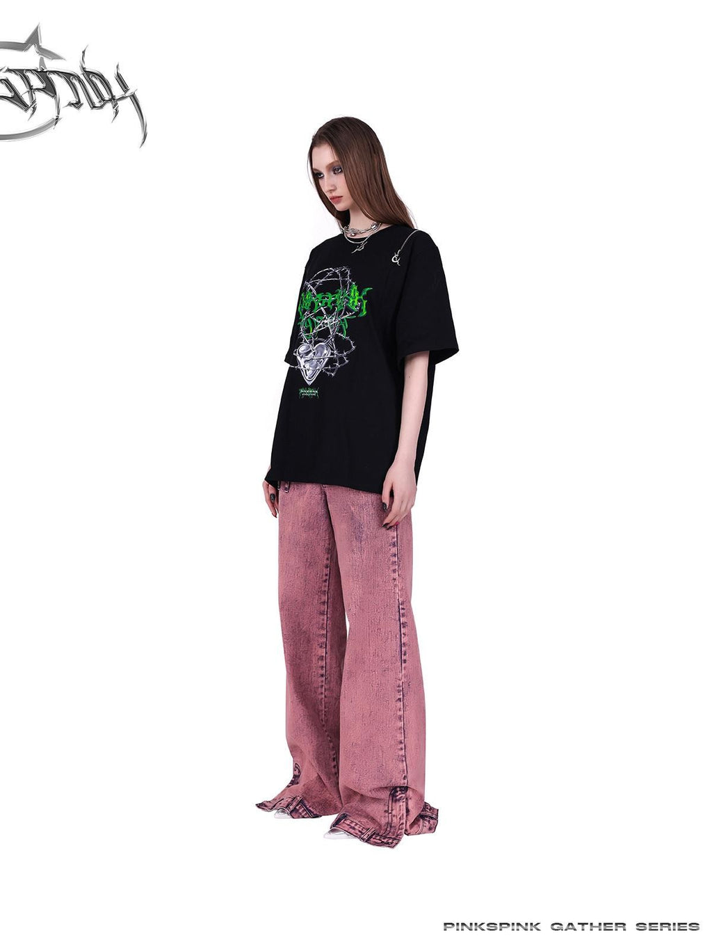 PINKSPINK Thorn Heart Zipper Punk Loose Print Vine Women's Cotton Off-shoulder T-shirts