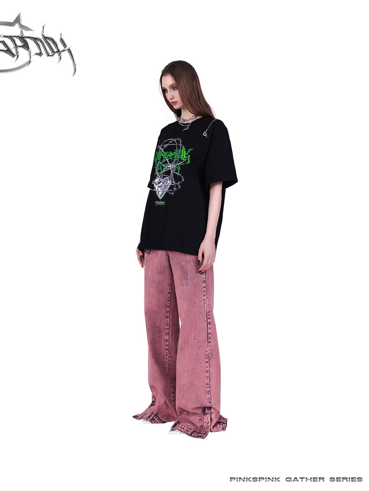 PINKSPINK Thorn Heart Zipper Punk Loose Print Vine Women's Cotton Off-shoulder T-shirts