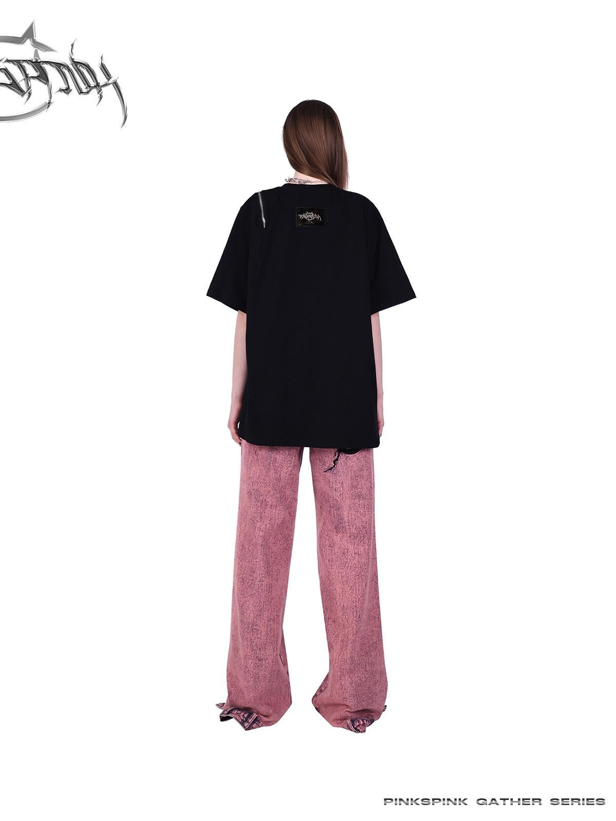 PINKSPINK Thorn Heart Zipper Punk Loose Print Vine Women's Cotton Off-shoulder T-shirts