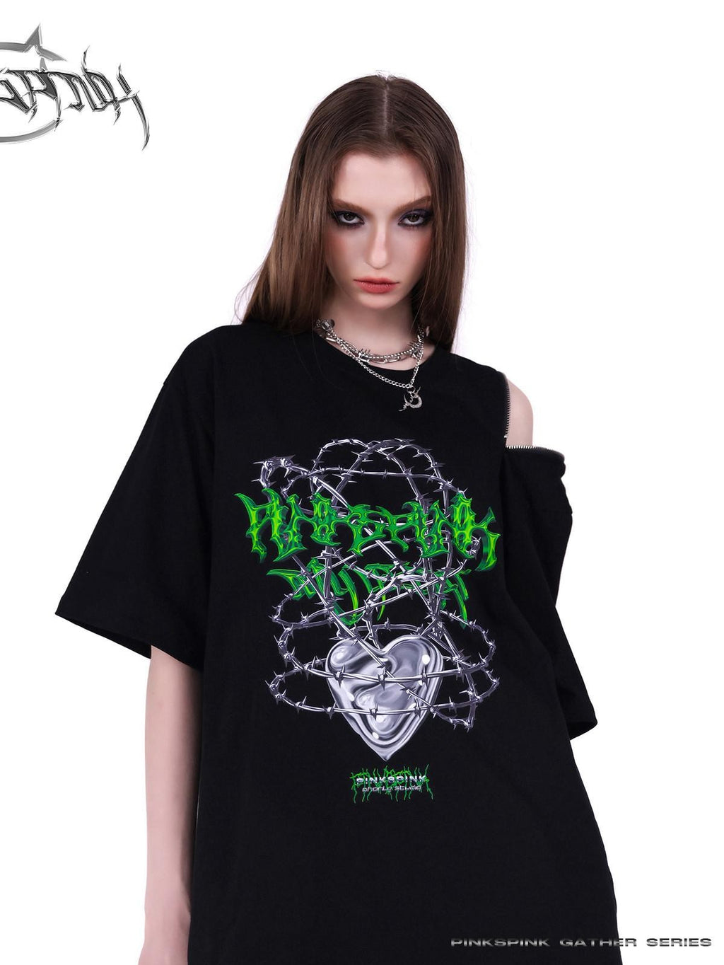 PINKSPINK Thorn Heart Zipper Punk Loose Print Vine Women's Cotton Off-shoulder T-shirts