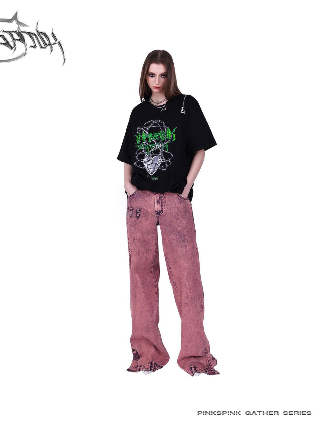 PINKSPINK Thorn Heart Zipper Punk Loose Print Vine Women's Cotton Off-shoulder T-shirts