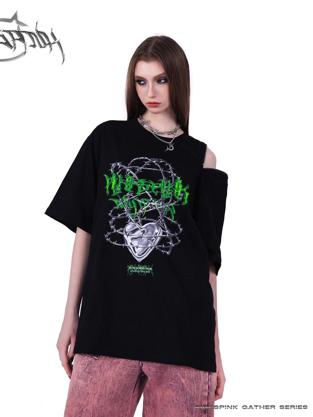 PINKSPINK Thorn Heart Zipper Punk Loose Print Vine Women's Cotton Off-shoulder T-shirts