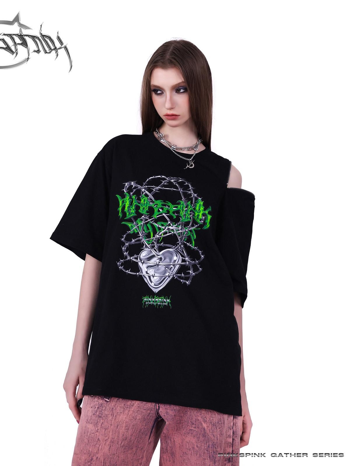 PINKSPINK Thorn Heart Zipper Punk Loose Print Vine Women's Cotton Off-shoulder T-shirts