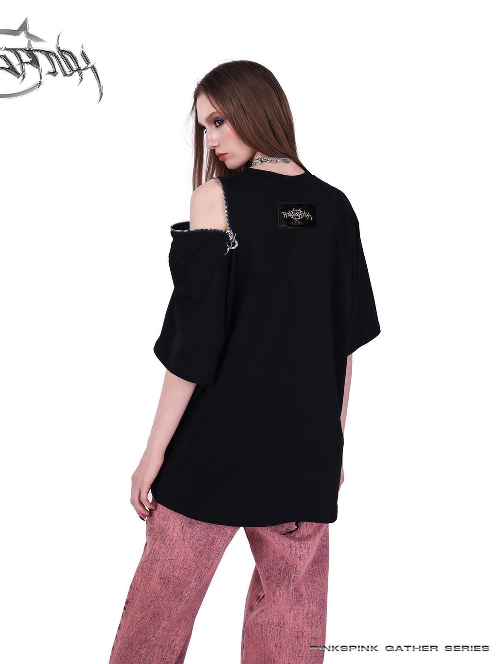 PINKSPINK Thorn Heart Zipper Punk Loose Print Vine Women's Cotton Off-shoulder T-shirts