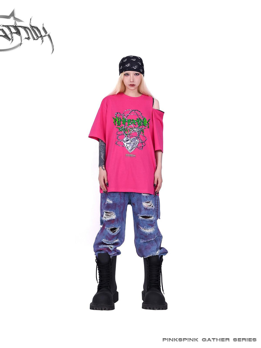 PINKSPINK Thorn Heart Zipper Punk Loose Print Vine Women's Cotton Off-shoulder T-shirts