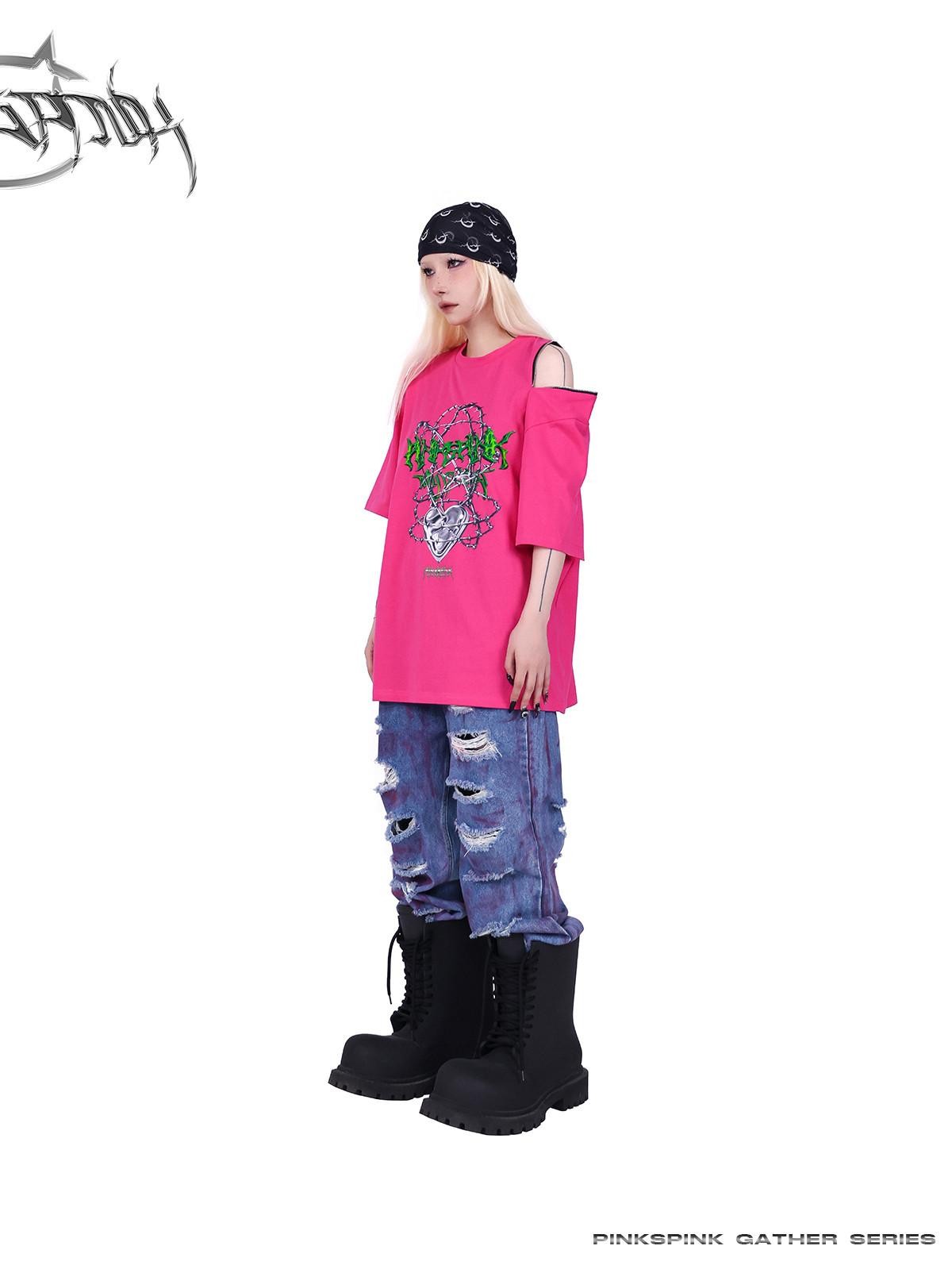 PINKSPINK Thorn Heart Zipper Punk Loose Print Vine Women's Cotton Off-shoulder T-shirts