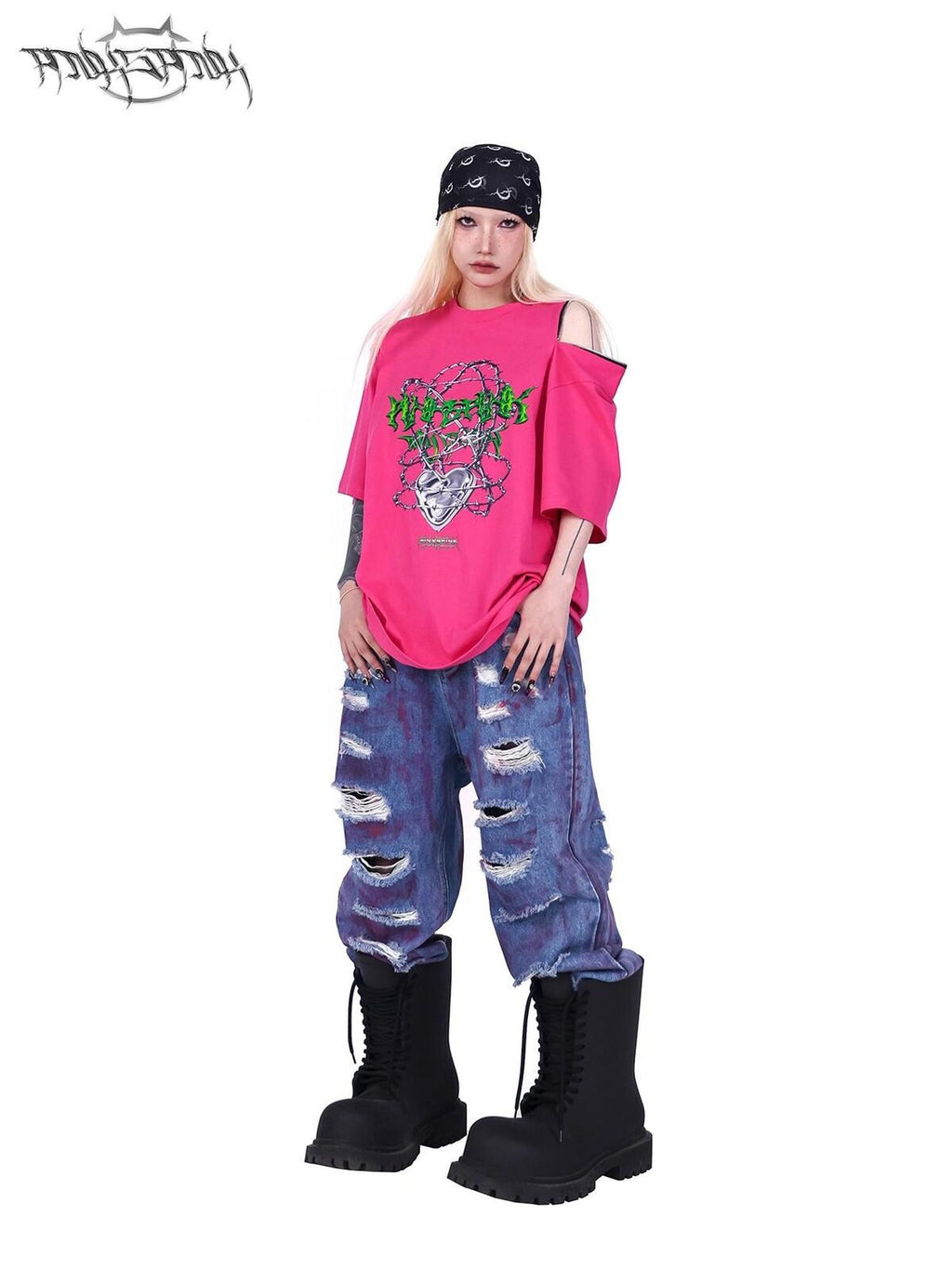 PINKSPINK Thorn Heart Zipper Punk Loose Print Vine Women's Cotton Off-shoulder T-shirts