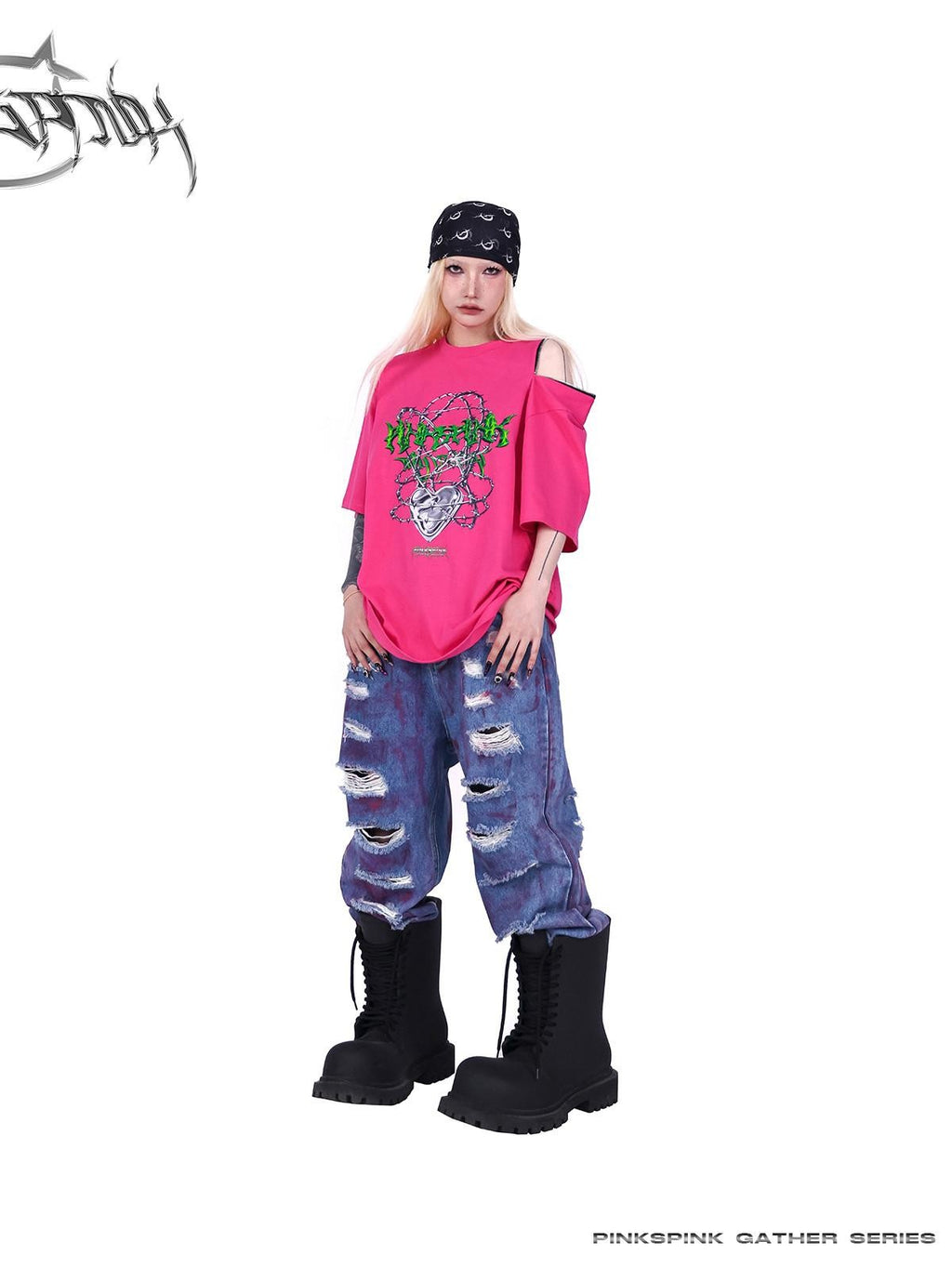 PINKSPINK Thorn Heart Zipper Punk Loose Print Vine Women's Cotton Off-shoulder T-shirts