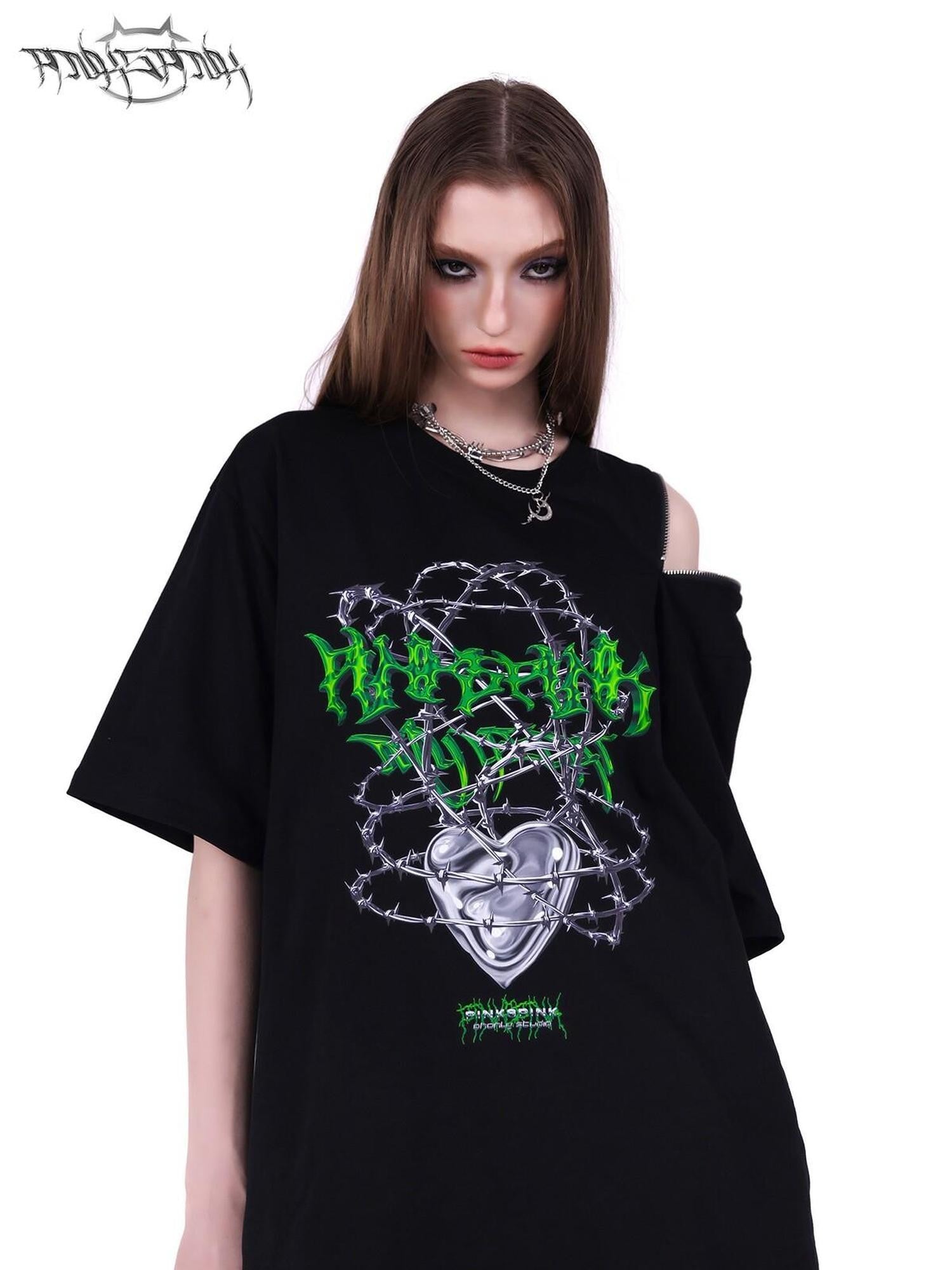 PINKSPINK Thorn Heart Zipper Punk Loose Print Vine Women's Cotton Off-shoulder T-shirts