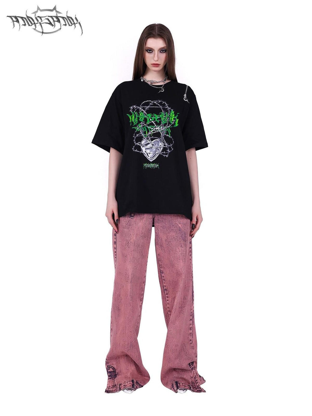 PINKSPINK Thorn Heart Zipper Punk Loose Print Vine Women's Cotton Off-shoulder T-shirts