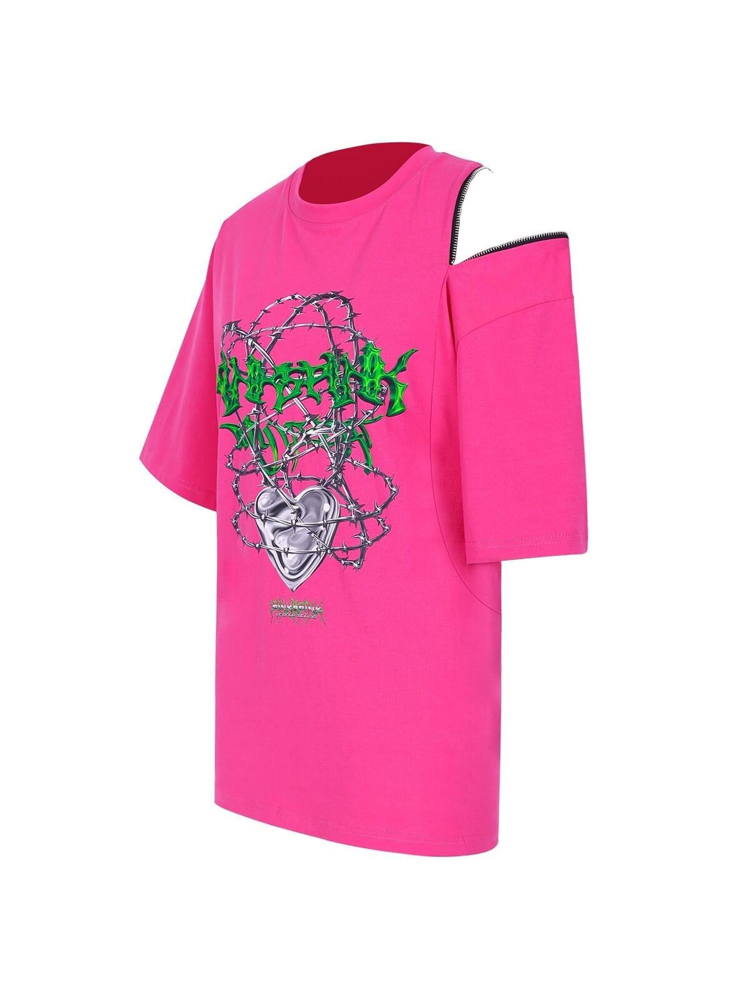 PINKSPINK Thorn Heart Zipper Punk Loose Print Vine Women's Cotton Off-shoulder T-shirts